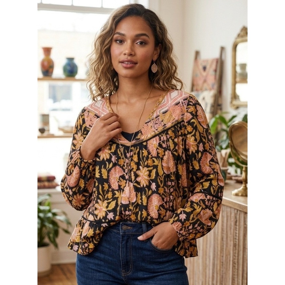 Rachel Zoe Floral Embroidered V-Neck Peasant Long Sleeve Blouse Small Vacation